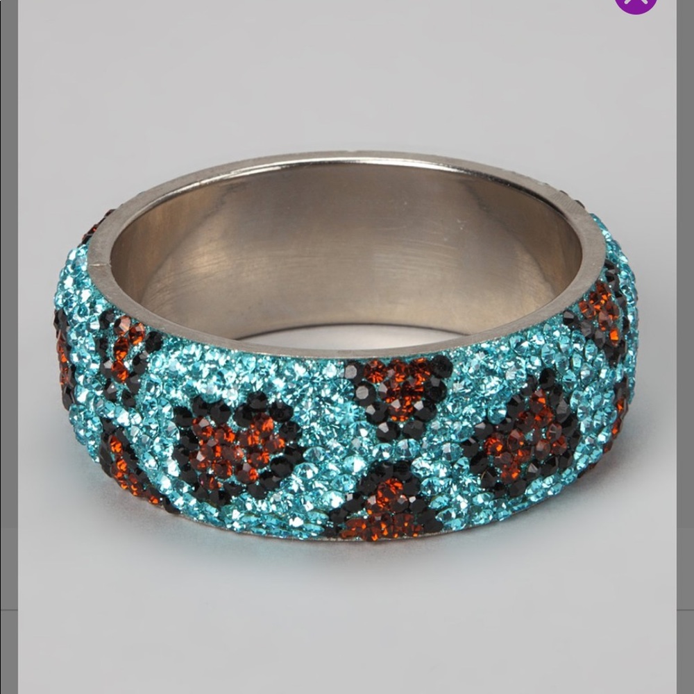 SAACHI-Gamba Blue, black and orange crystal bangle bracelet 1.5” W NWT/boxed